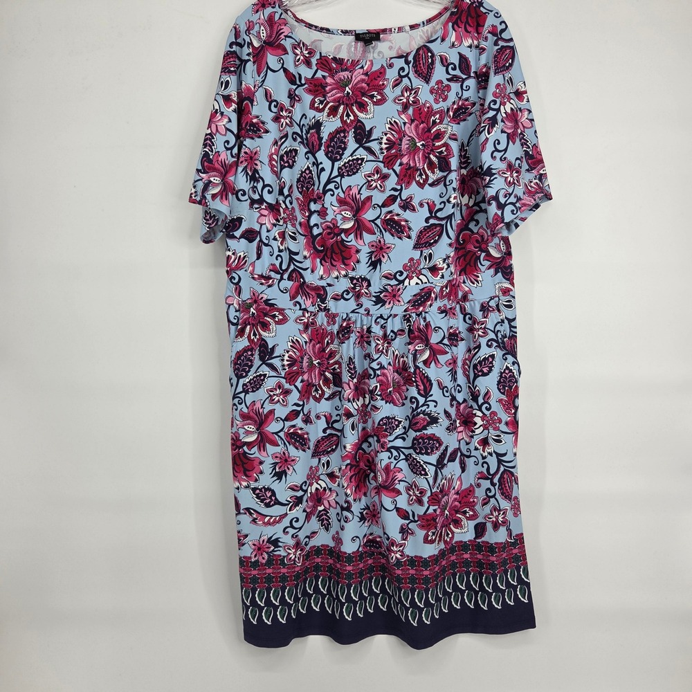Talbots Plus Floral Paisley Knit Dress 1X Blue Pink Art-Inspired Boho Pockets
